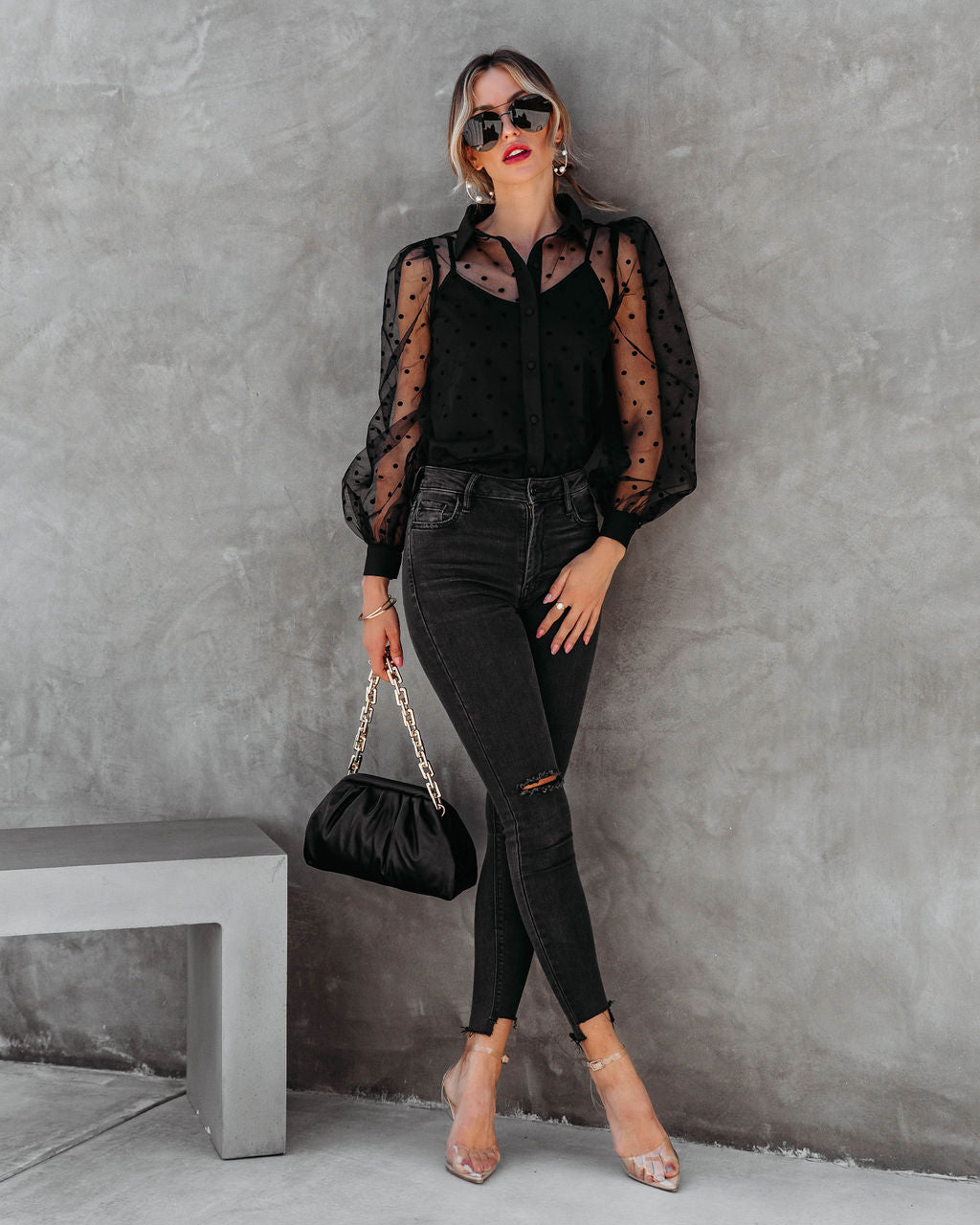 Bonjour Mon Amour Tulle Polka Dot Button Down Top - Black