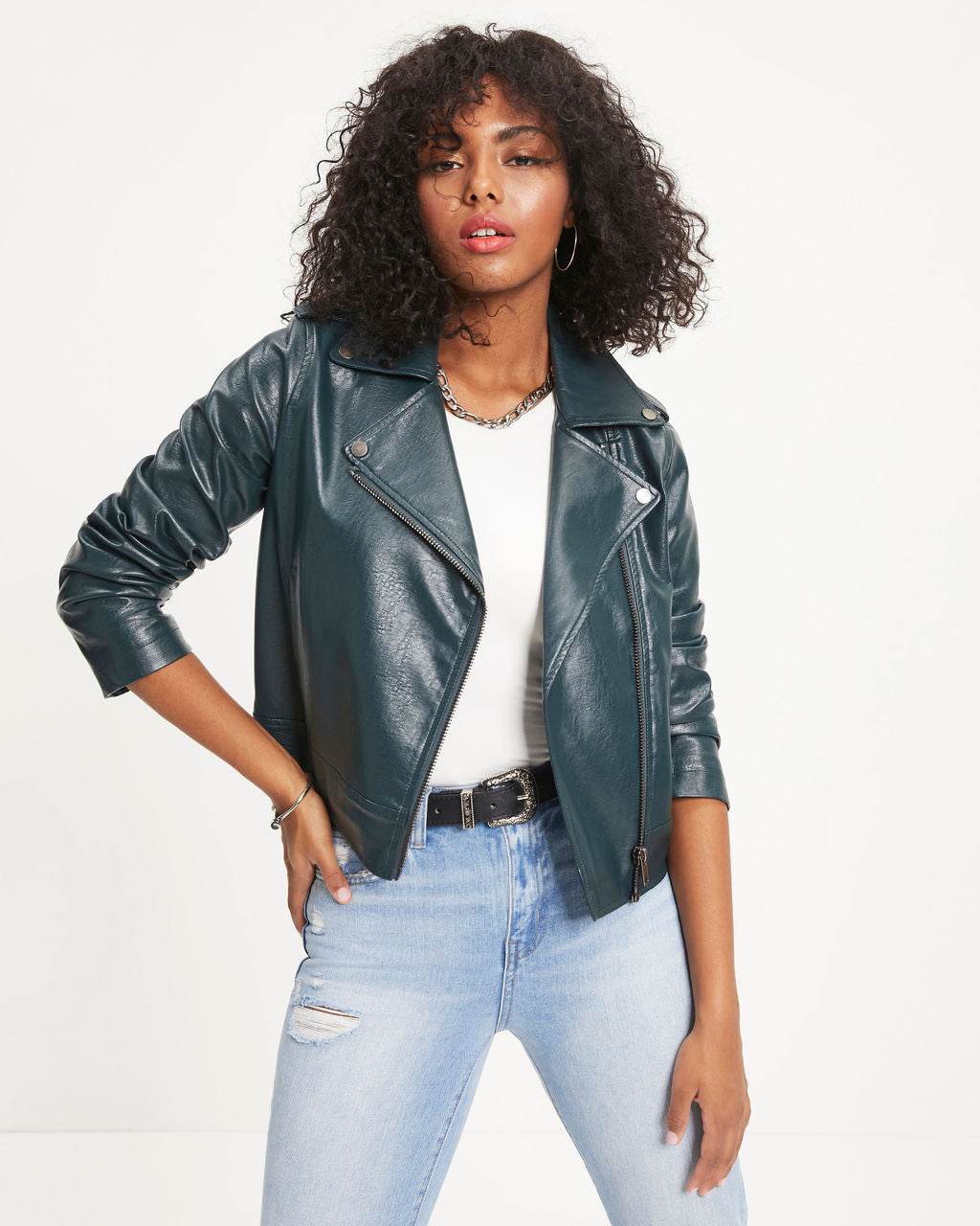 Jingle Bell Rock Pocketed Faux Leather Biker Jacket - Pine