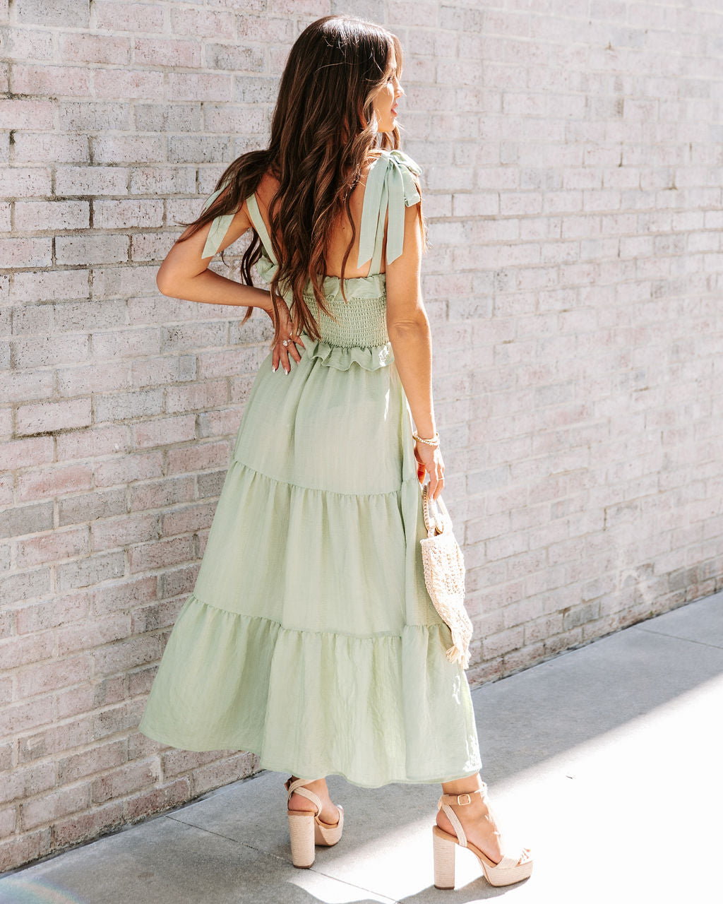 Lilibeth Smocked Tiered Midi Dress - Sage - SALE