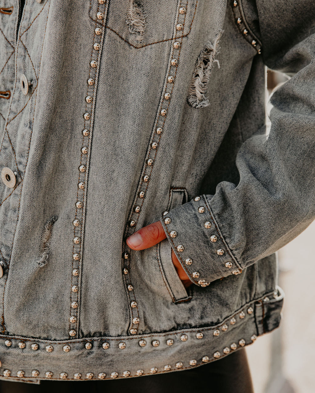 Kind Of A Big Deal Pocketed Studded Denim Jacket - Light Wash
