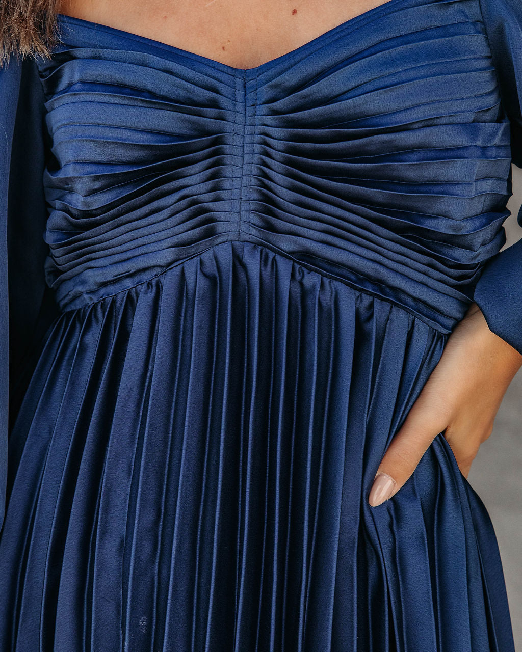 Romantic One Satin Pleated Midi Dress - Navy
