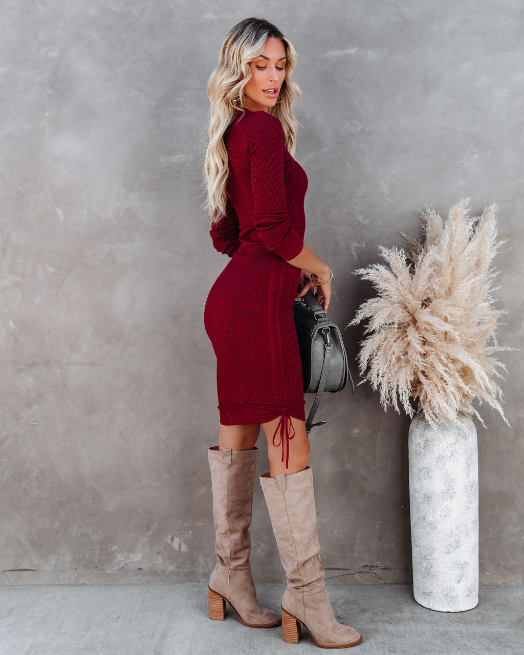 Yasmine Long Sleeve Ruched Knit Dress - Wine