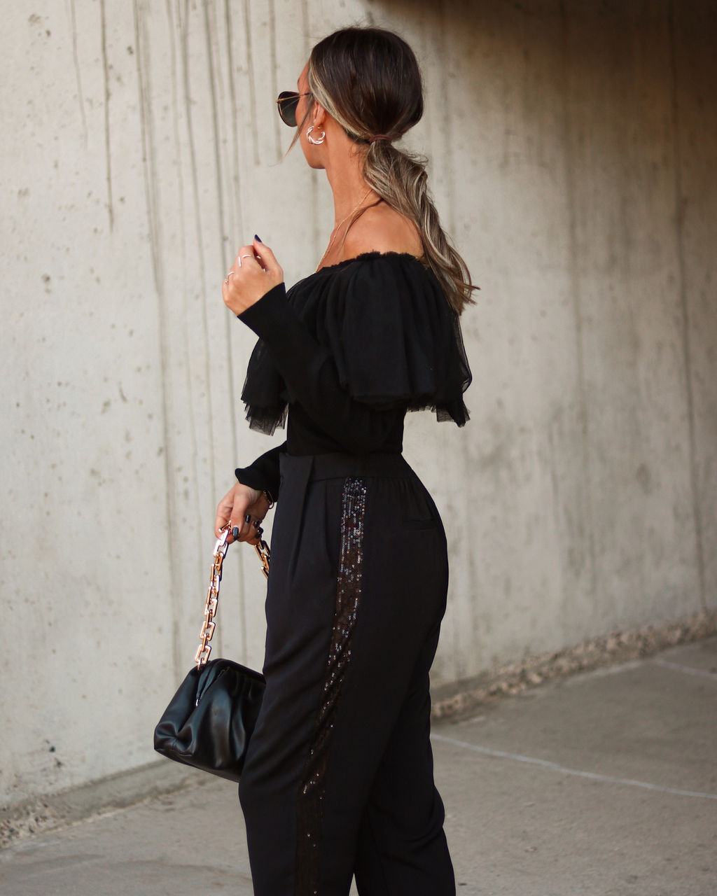 Picture Perfect Glam Ribbed Knit Ruffle Tulle Top - Black