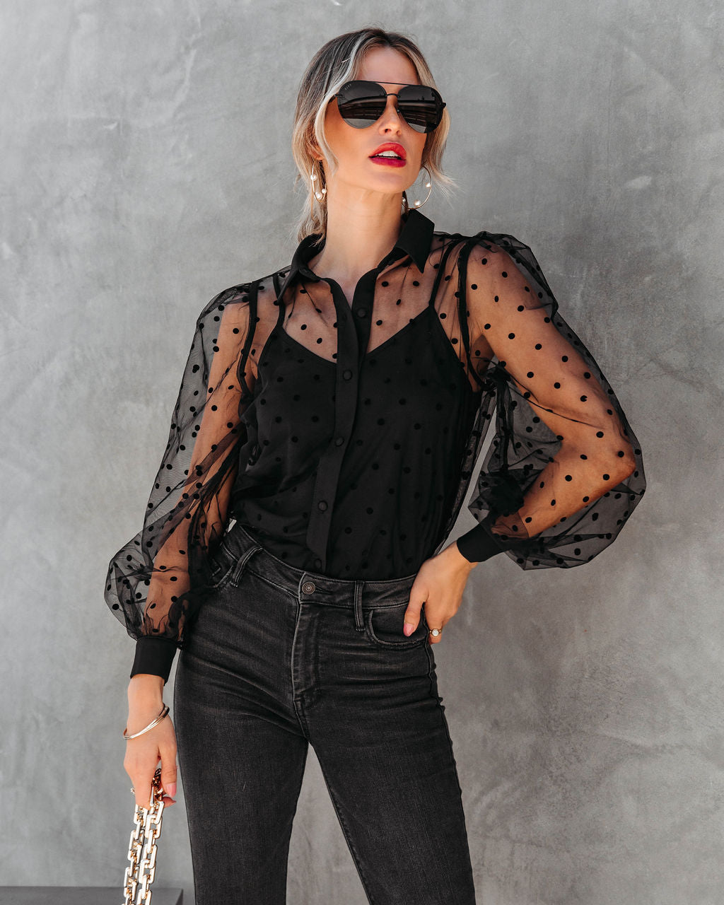 Bonjour Mon Amour Tulle Polka Dot Button Down Top - Black