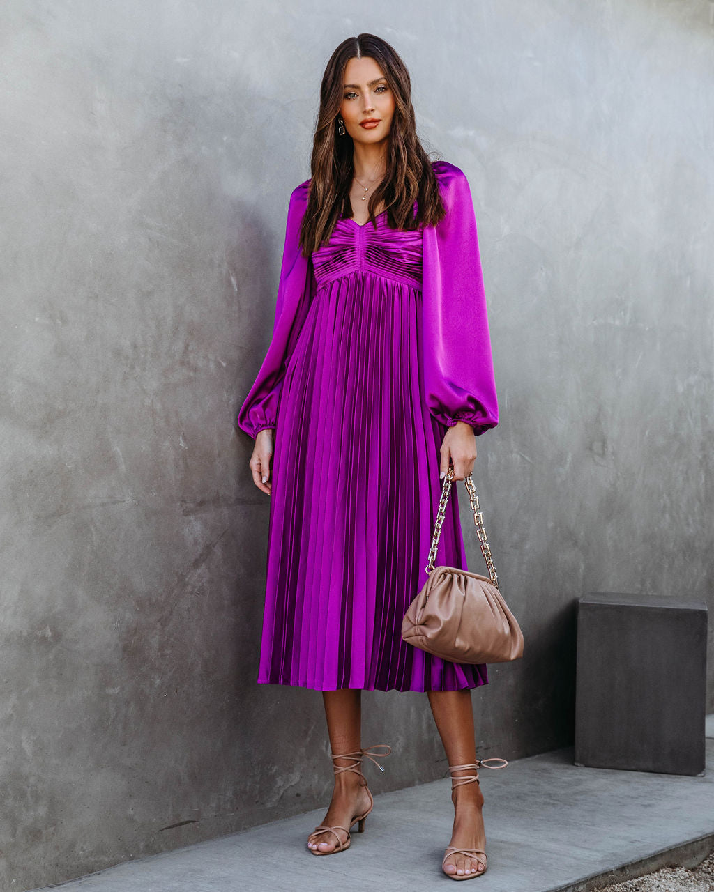 Romantic One Satin Pleated Midi Dress - Purple