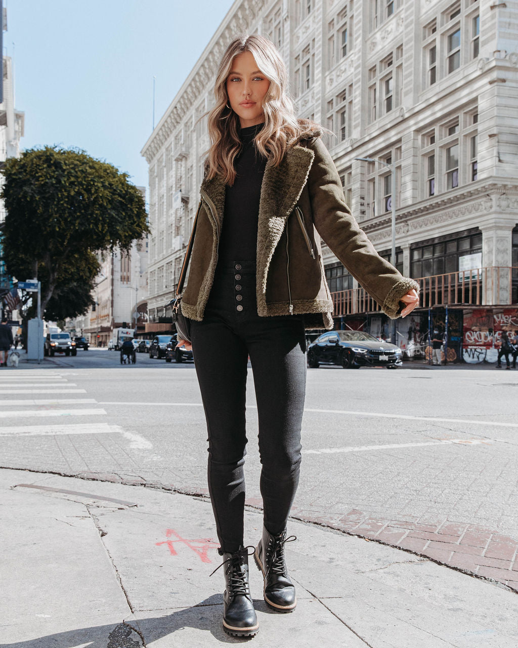 Earhart Pocketed Faux Suede Jacket - Olive