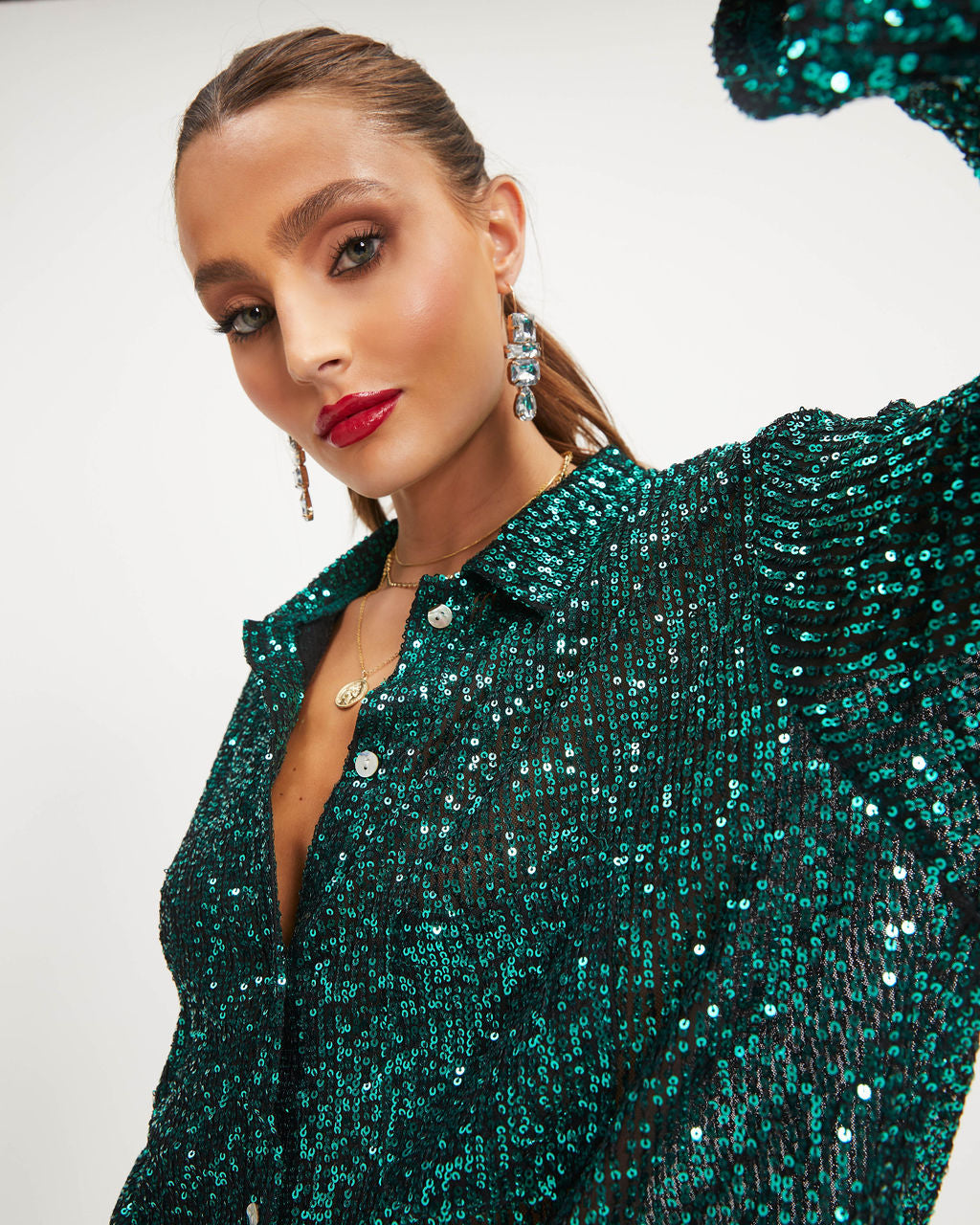Be A Star Sequins Button Down Top - Emerald