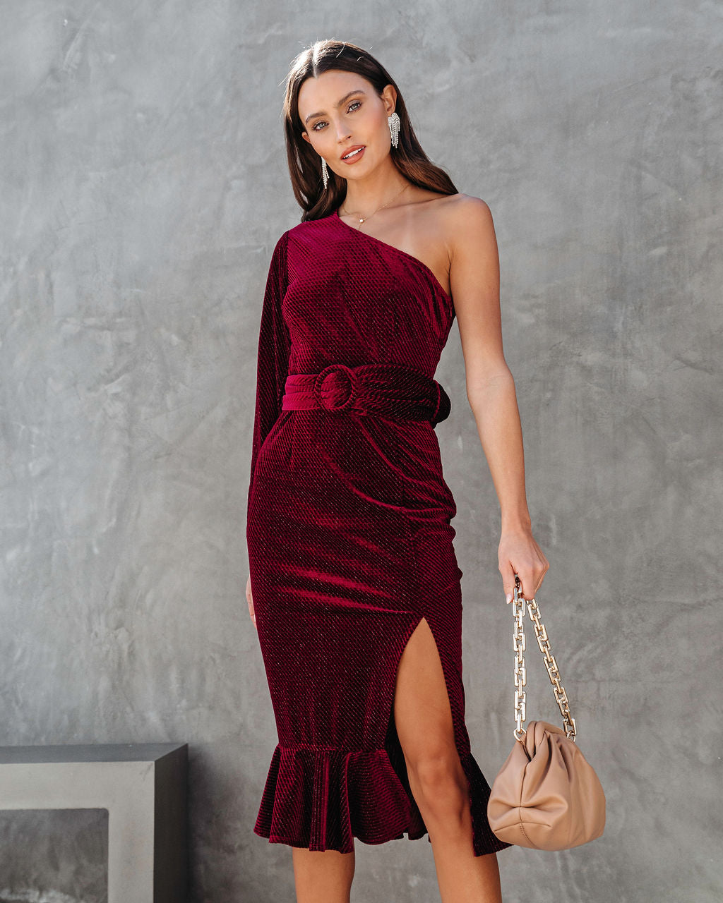 Honestly Breathtaking One Shoulder Belted Textured Velvet Midi Dress - Wine