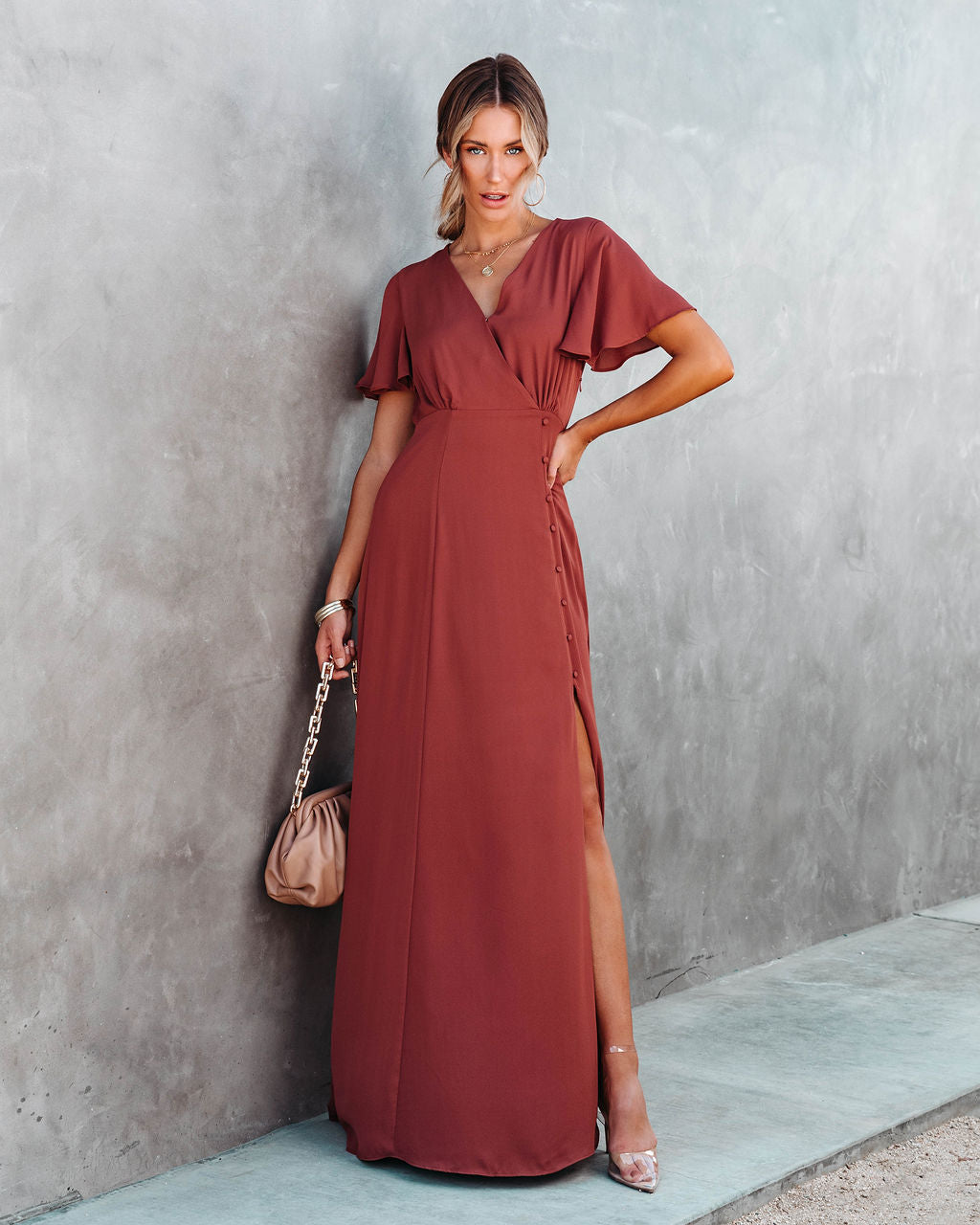 Last Forever Flutter Sleeve Maxi Dress - Brown Rust