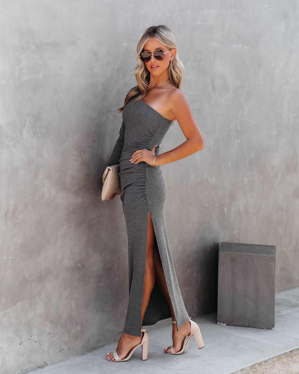 Such A Stunner One Shoulder Ribbed Maxi Dress - Charcoal - FINAL SALE