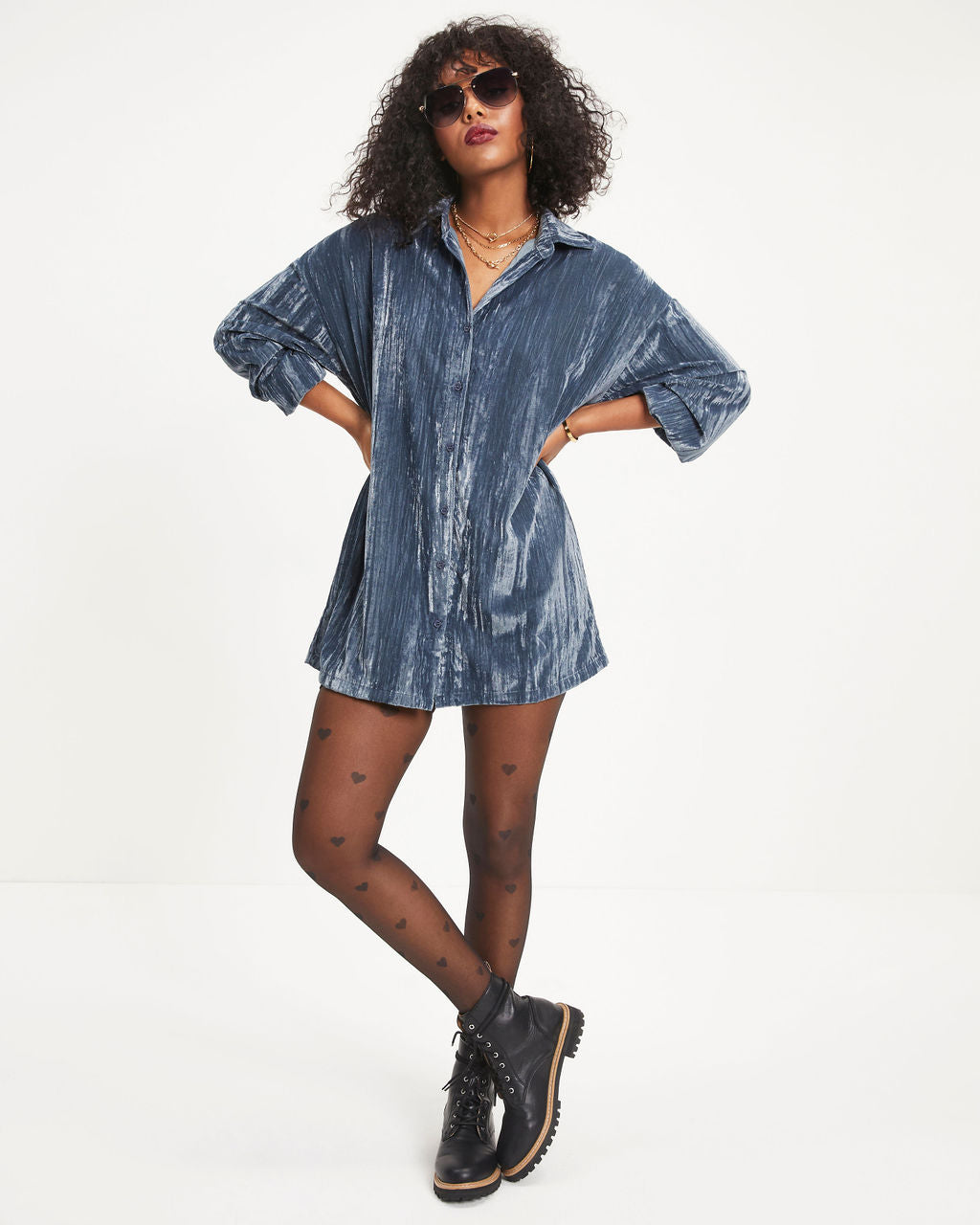 Avalina Textured Velvet Button Down Shirt Dress - Grey Blue