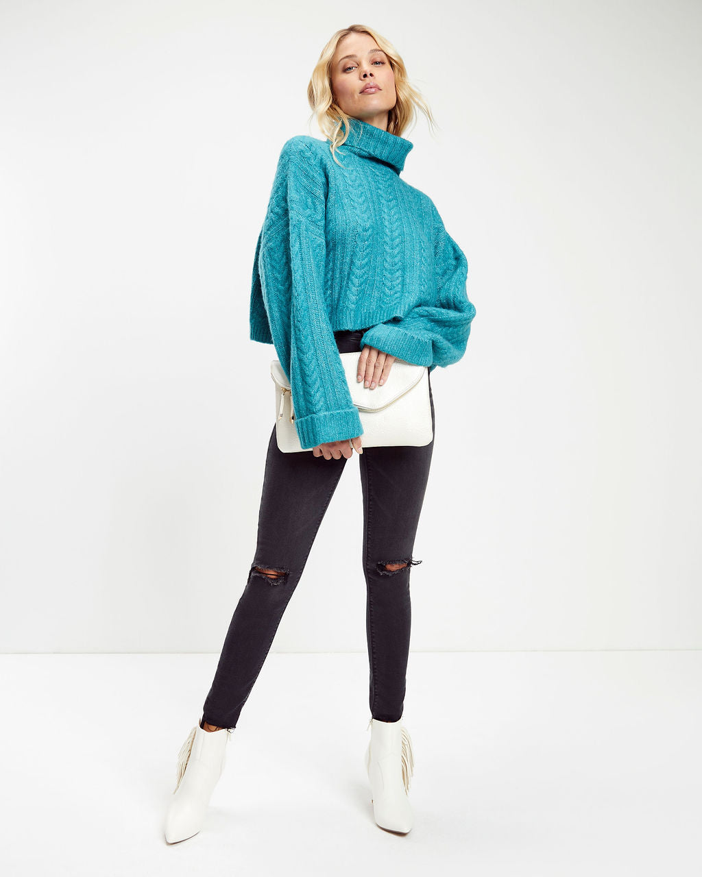 Georgie Cable Knit Turtleneck Pullover Sweater - Teal - SALE