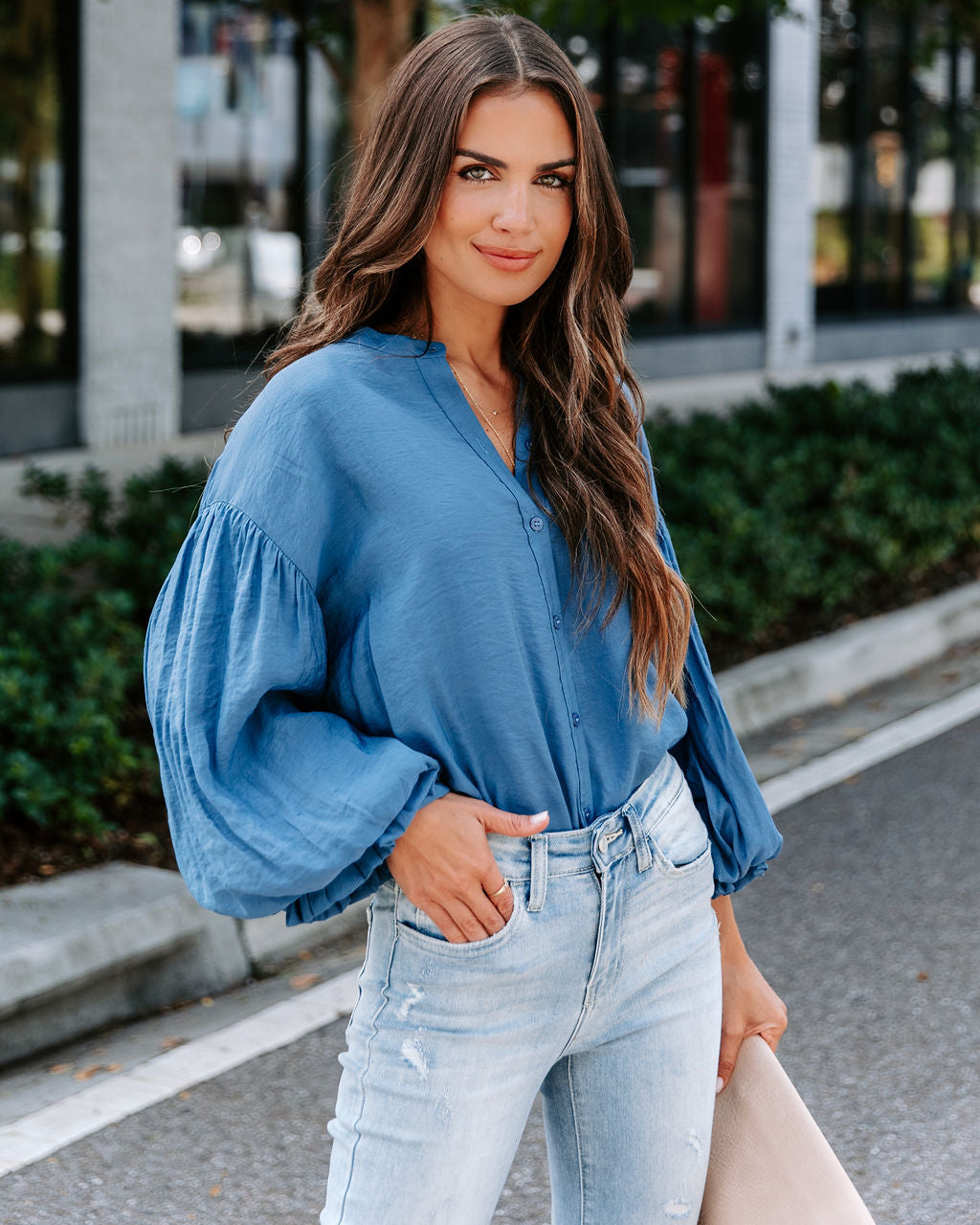 Asher Balloon Sleeve Button Down Top - Blue - SALE