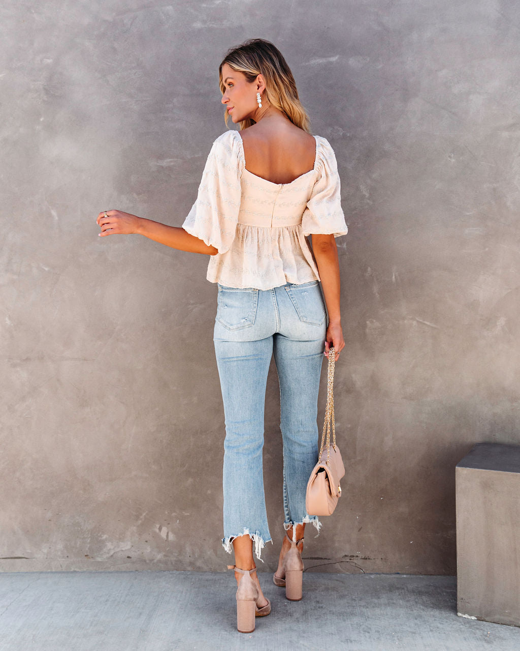Divine Textured Puff Sleeve Top - Cream - SALE