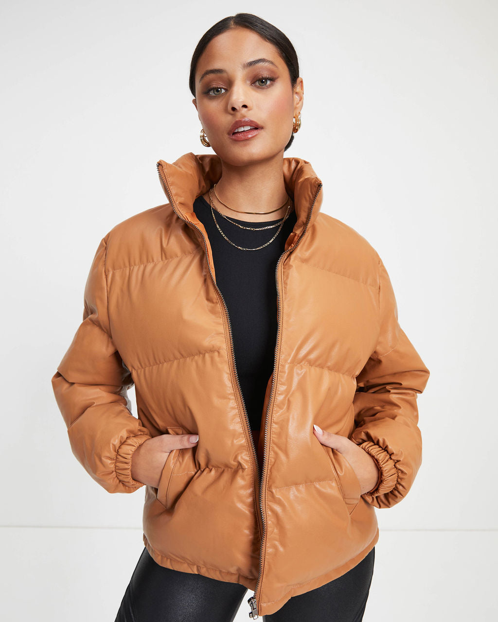 Raza Pocketed Faux Leather Puffer Jacket - Camel