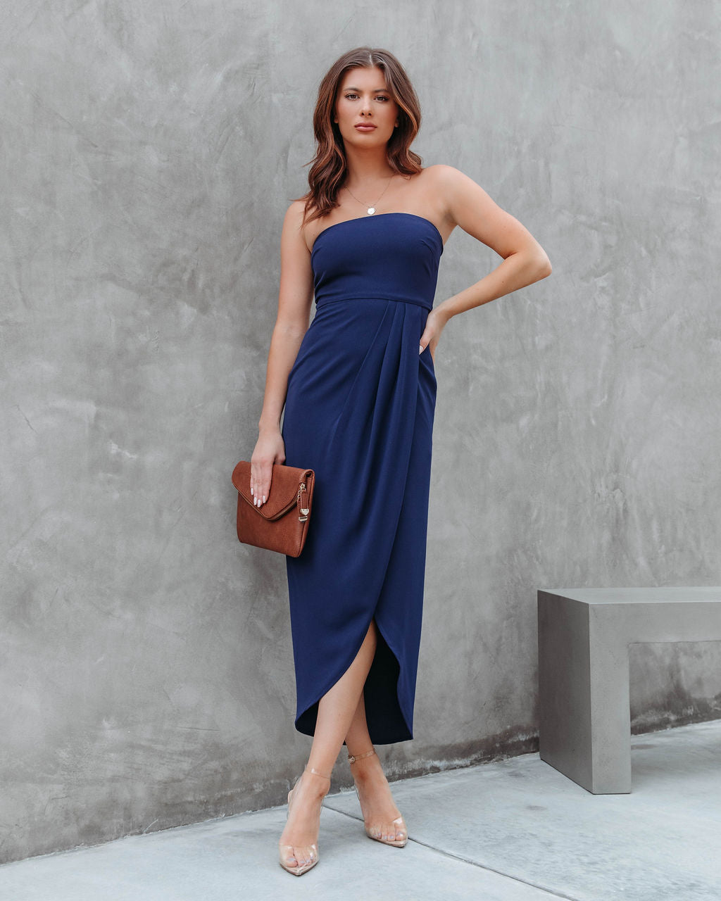 Aglow Strapless Draped Midi Dress - Navy - FINAL SALE