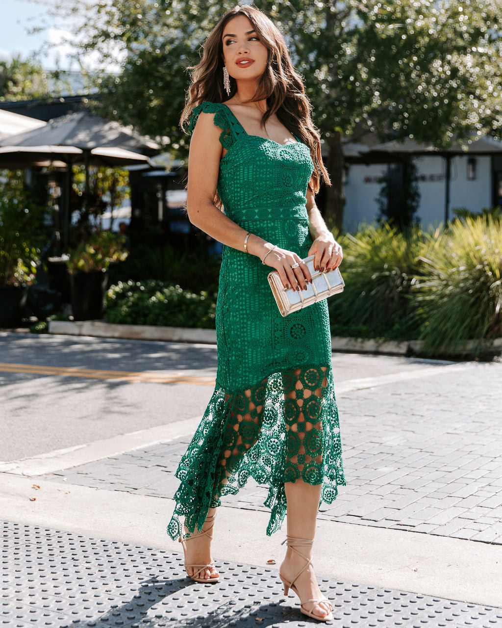 Dare To Be You Crochet Lace Ruffle Midi Dress - Emerald