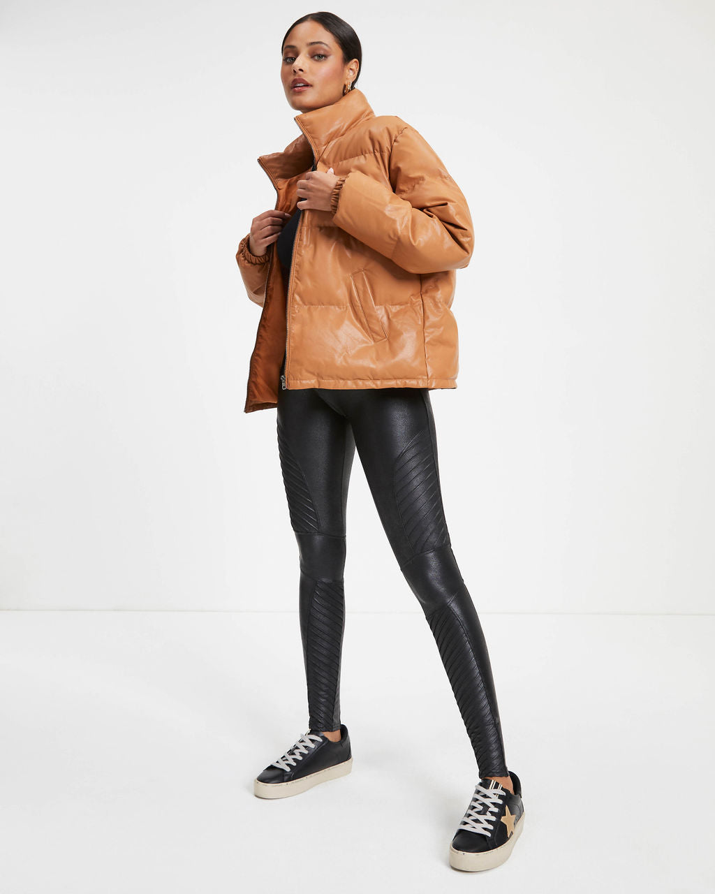 Raza Pocketed Faux Leather Puffer Jacket - Camel