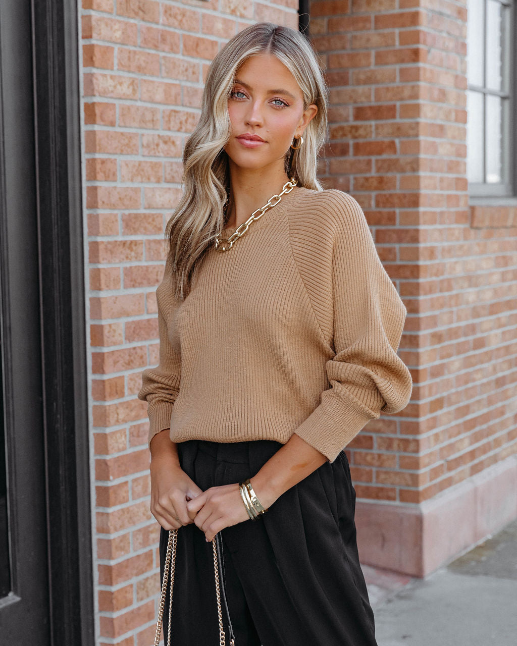 Carly Ribbed Knit Long Sleeve Top - Camel