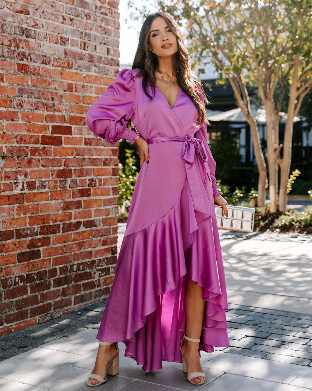 Irresistible Desire Satin Ruffle Maxi Dress - Fuchsia