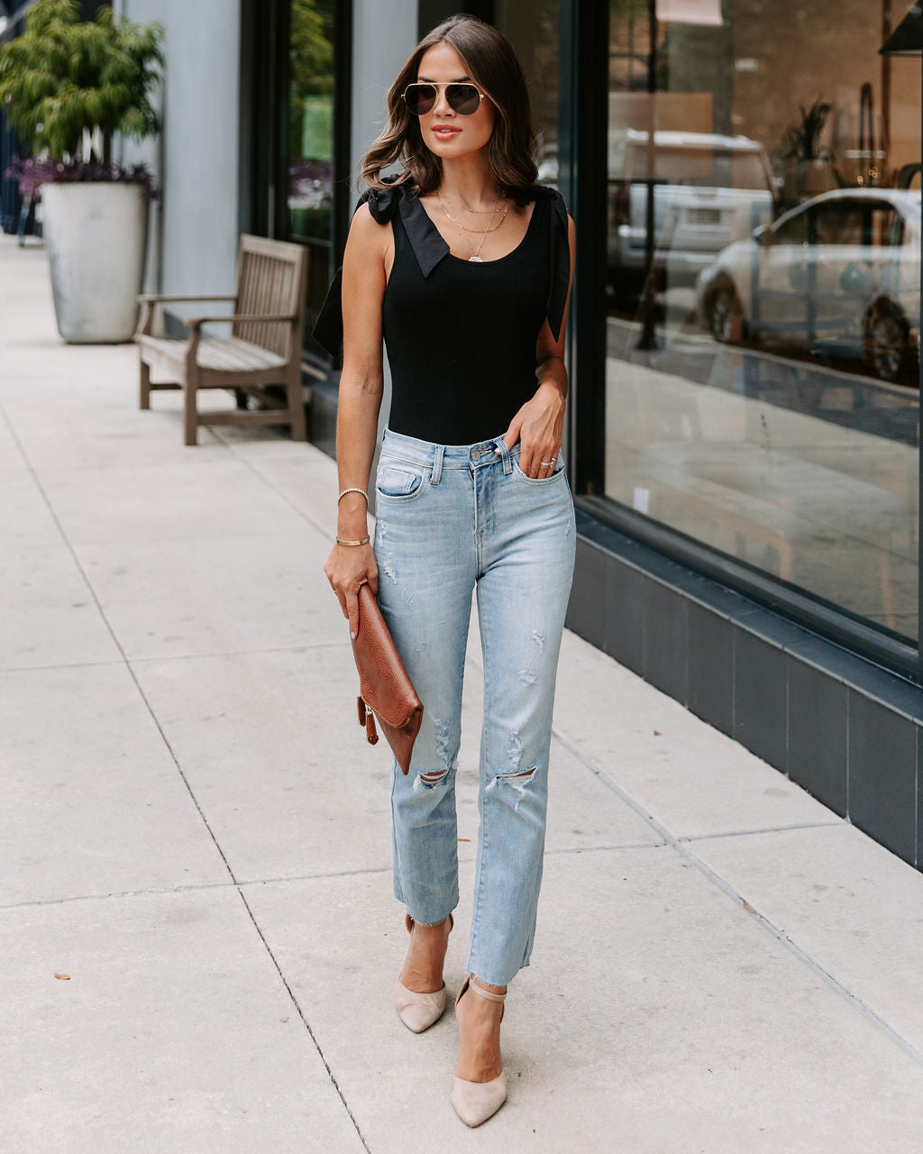 Grace Knit Shoulder Tie Top - Black - SALE