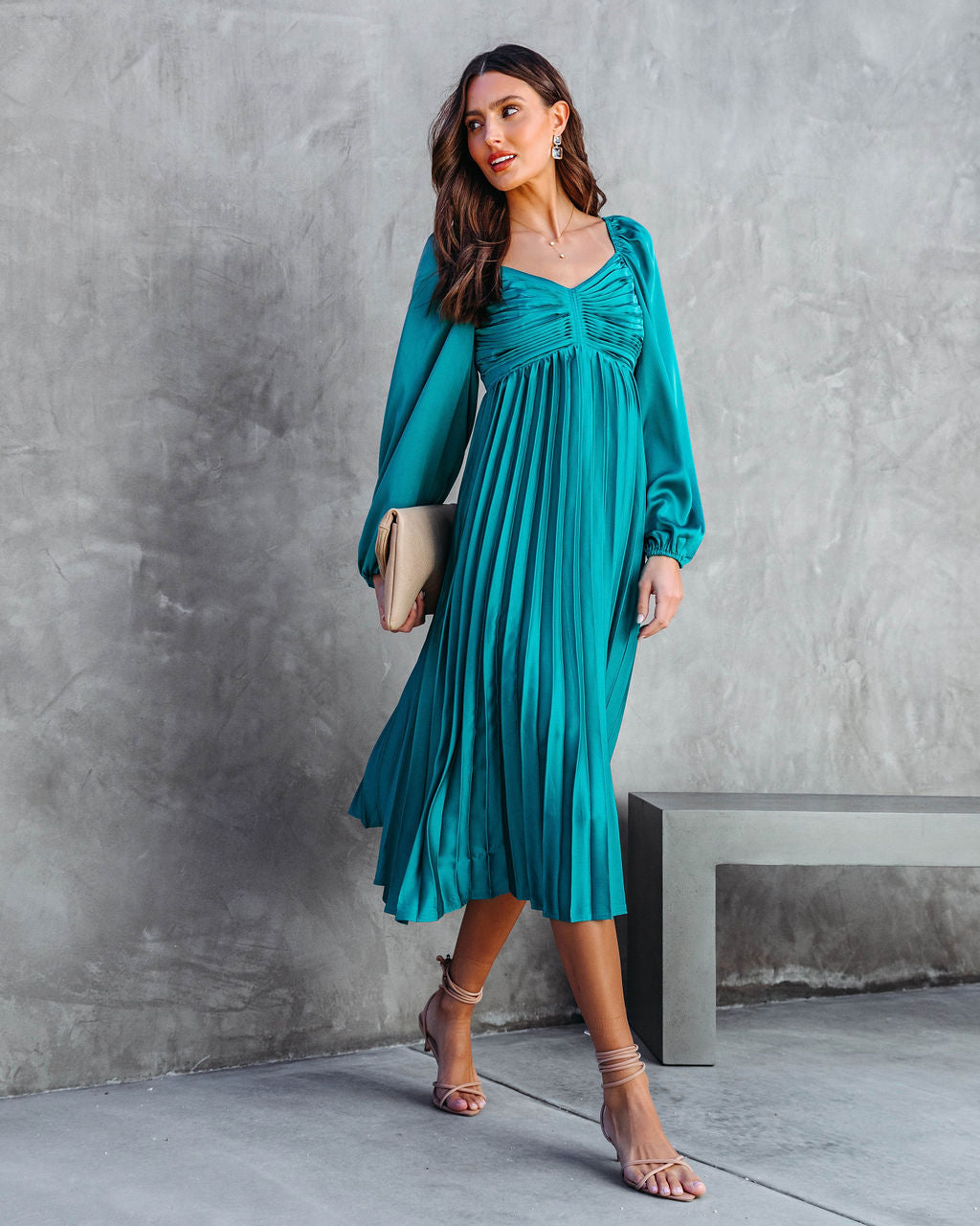 Romantic One Satin Pleated Midi Dress - Emerald