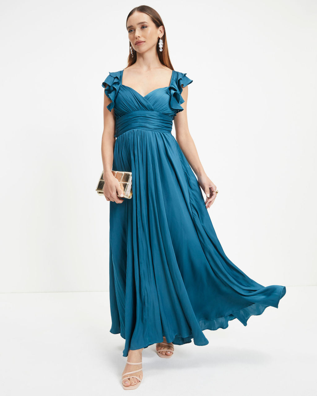 First Class Satin Ruffle Cutout Maxi Dress - Dark Teal
