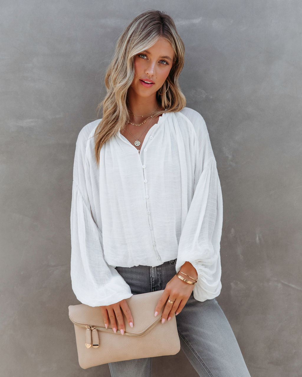 Bodhi Balloon Sleeve Button Up Top - White