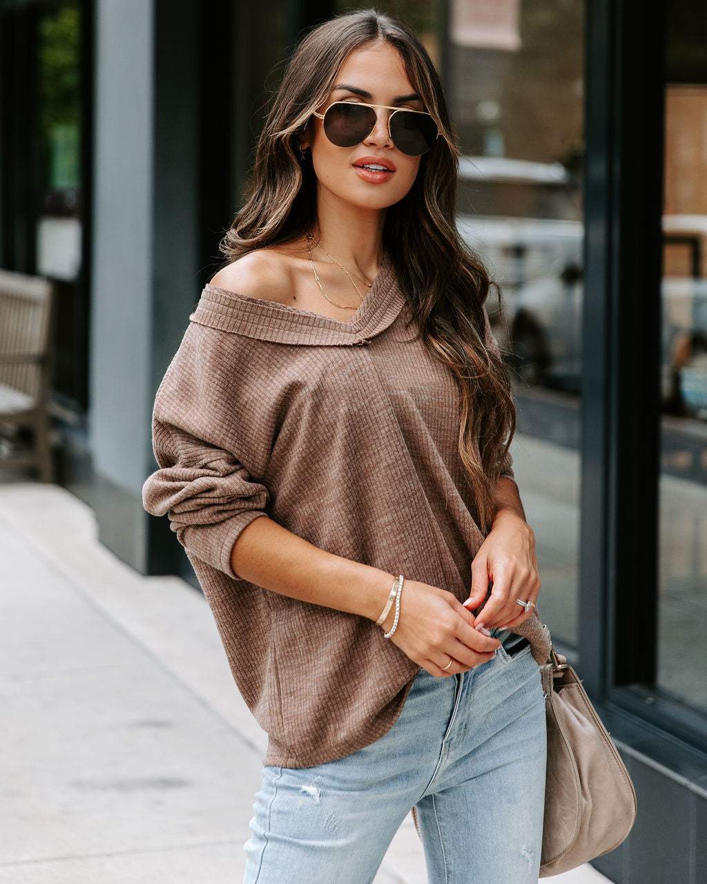 Touch Of Fall Oversized Ribbed Long Sleeve Top - Cocoa