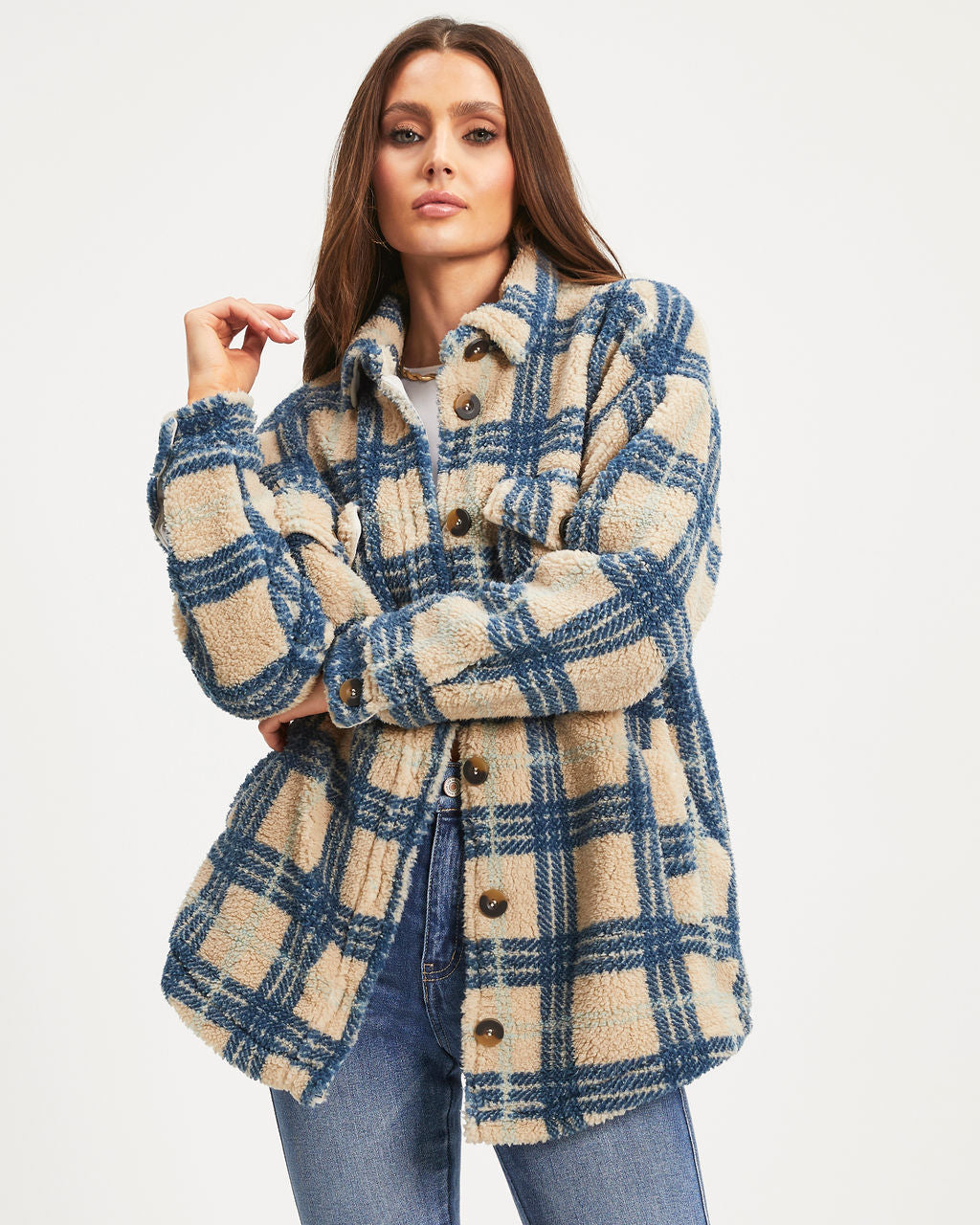 Oaklynn Pocketed Plaid Teddy Jacket