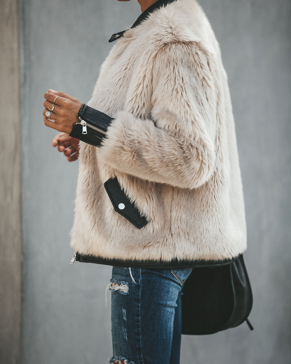 Vanity Faux Fur Leather Trim Pocketed Jacket
