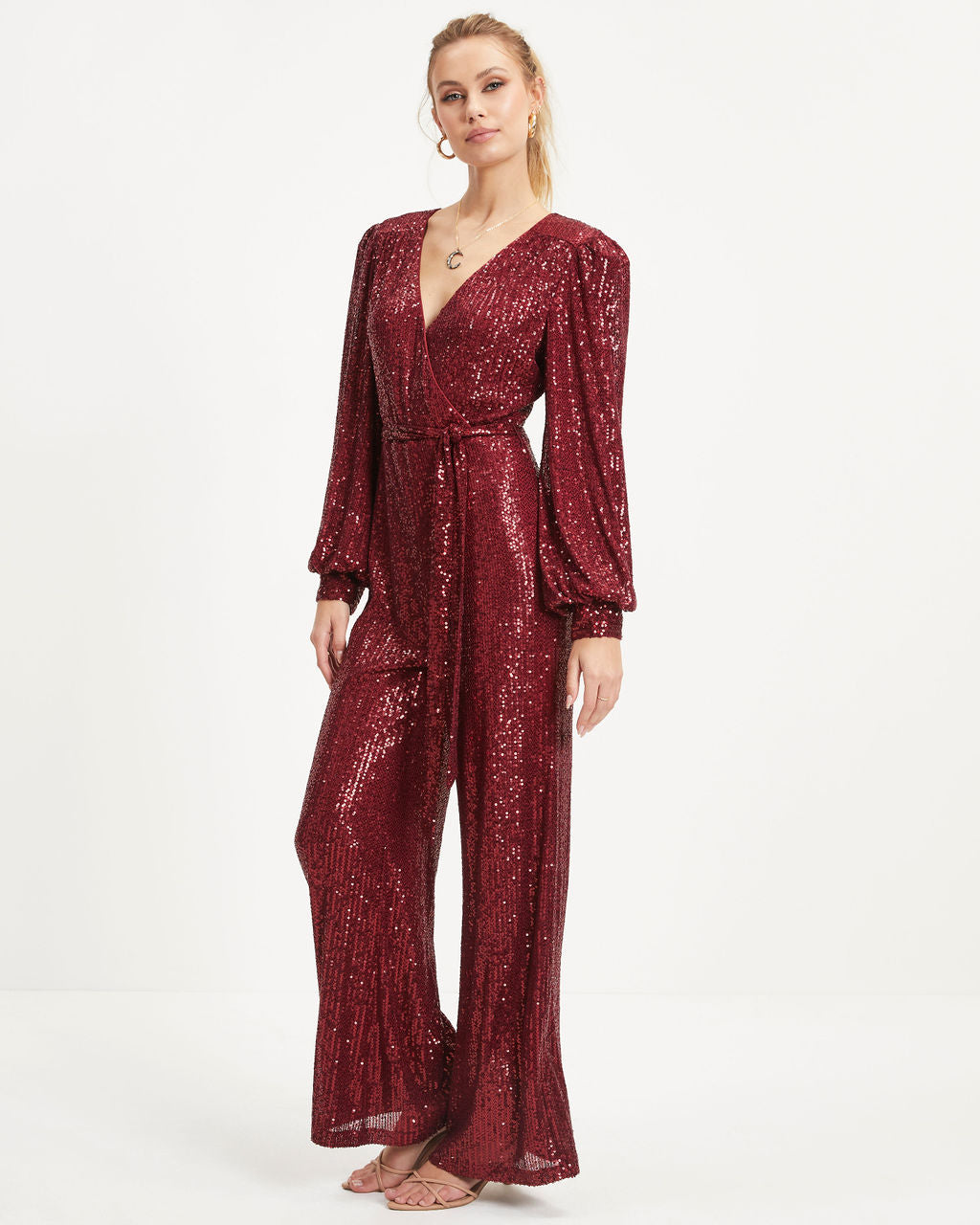Whole New World Sequin Front Tie Jumpsuit - Burgundy