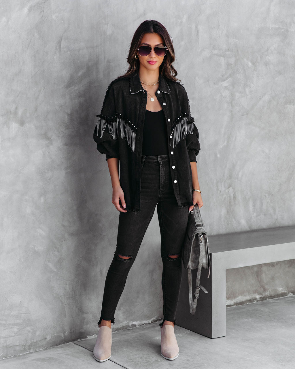 Knightly Pocketed Studded Fringe Lightweight Jacket - Black