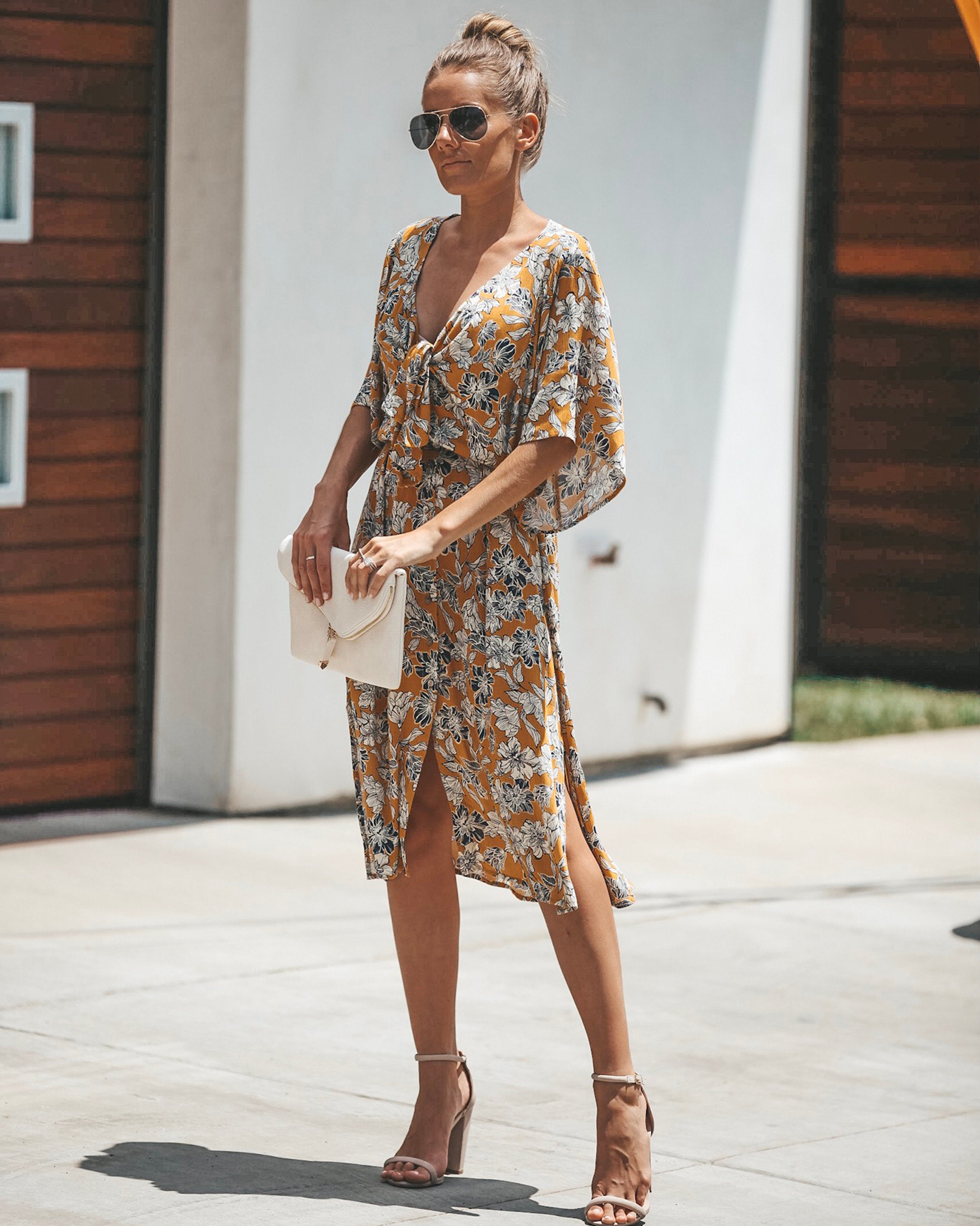 Jaune Floral Knot Front Midi Dress