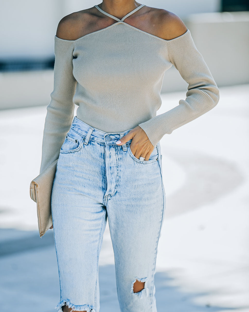 Real Crowd Pleaser Off The Shoulder Ribbed Top - Beige