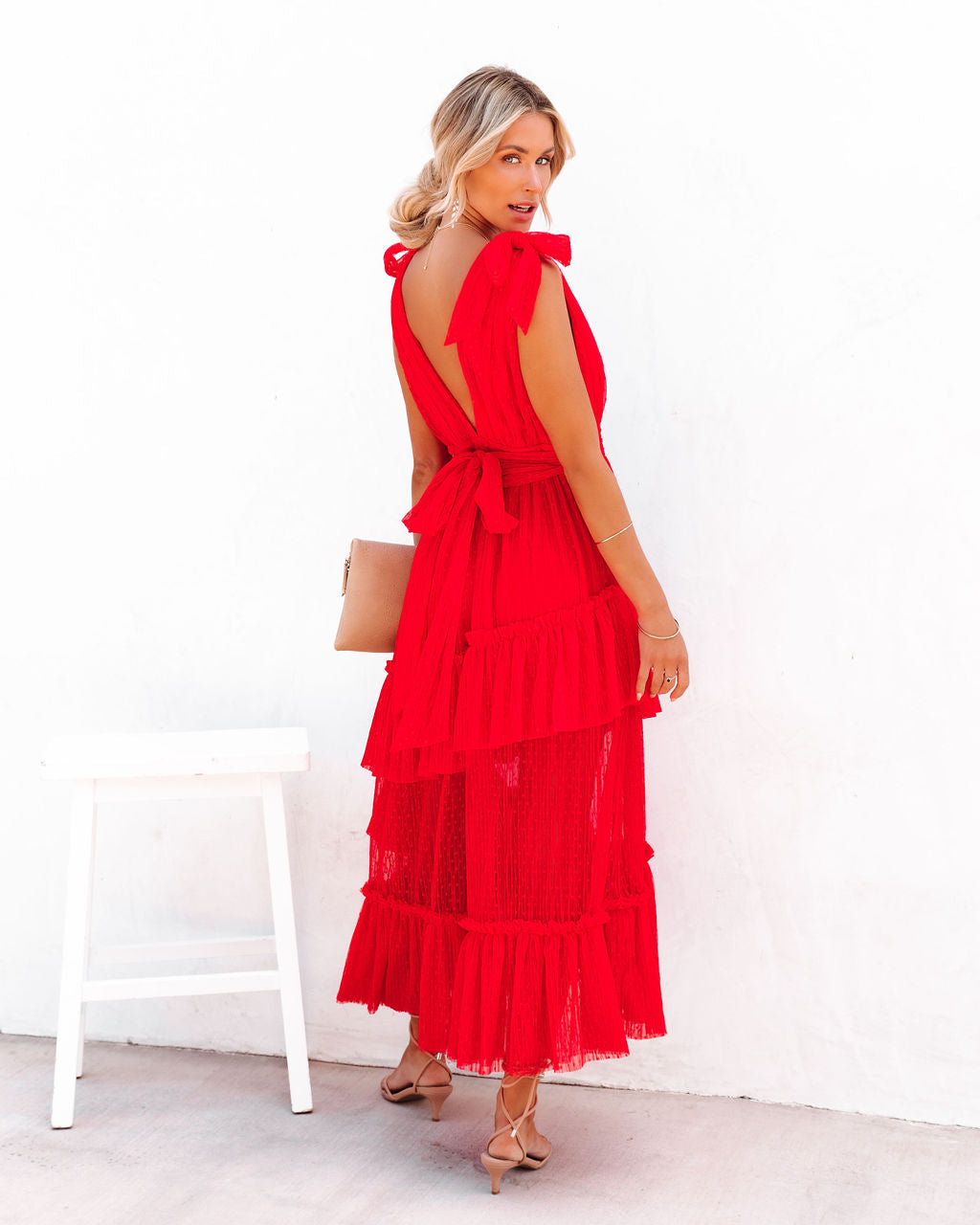 Carrie In Paris Tiered Tulle Midi Dress - Red