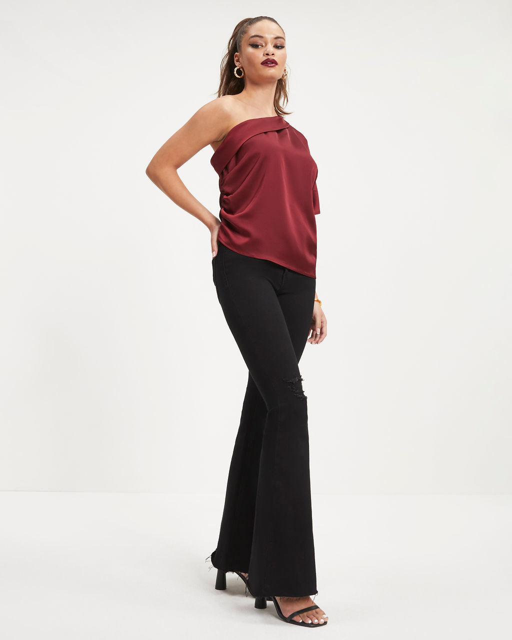 Sylvia Satin One Shoulder Top - Wine