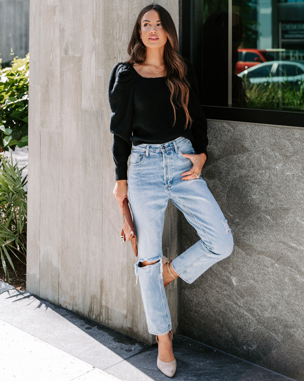 Arianna Knit Puff Sleeve Sweater - Black