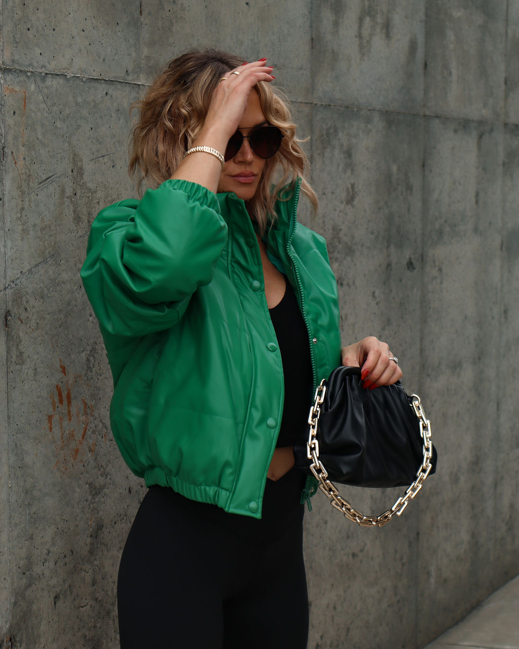 Apres Chic Pocketed Faux Leather Puff Jacket - Kelly Green
