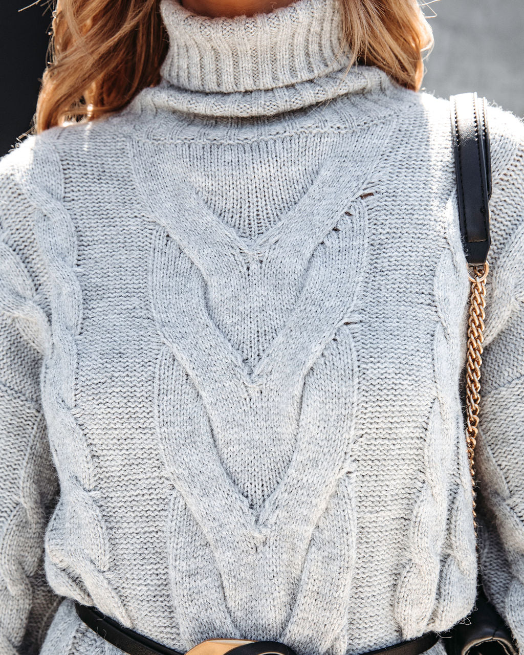 Cozy Night Out Cable Knit Turtleneck Sweater Dress - Heather Grey