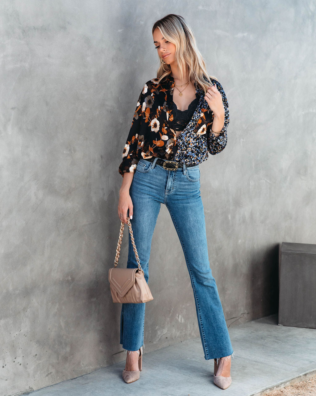 October Botanicals Satin Floral Button Down Top
