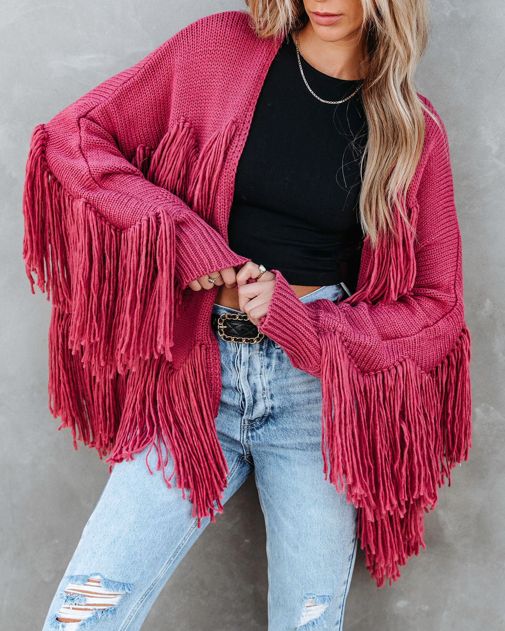 Spruce Fringe Knit Cardigan - Rose