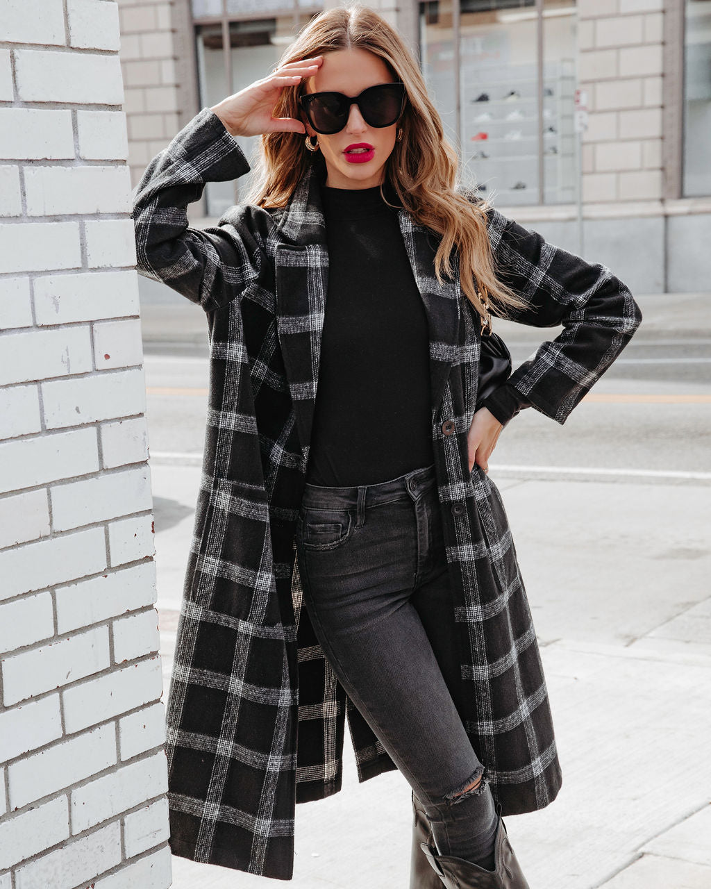 Francesca Plaid Pocketed Coat - Black
