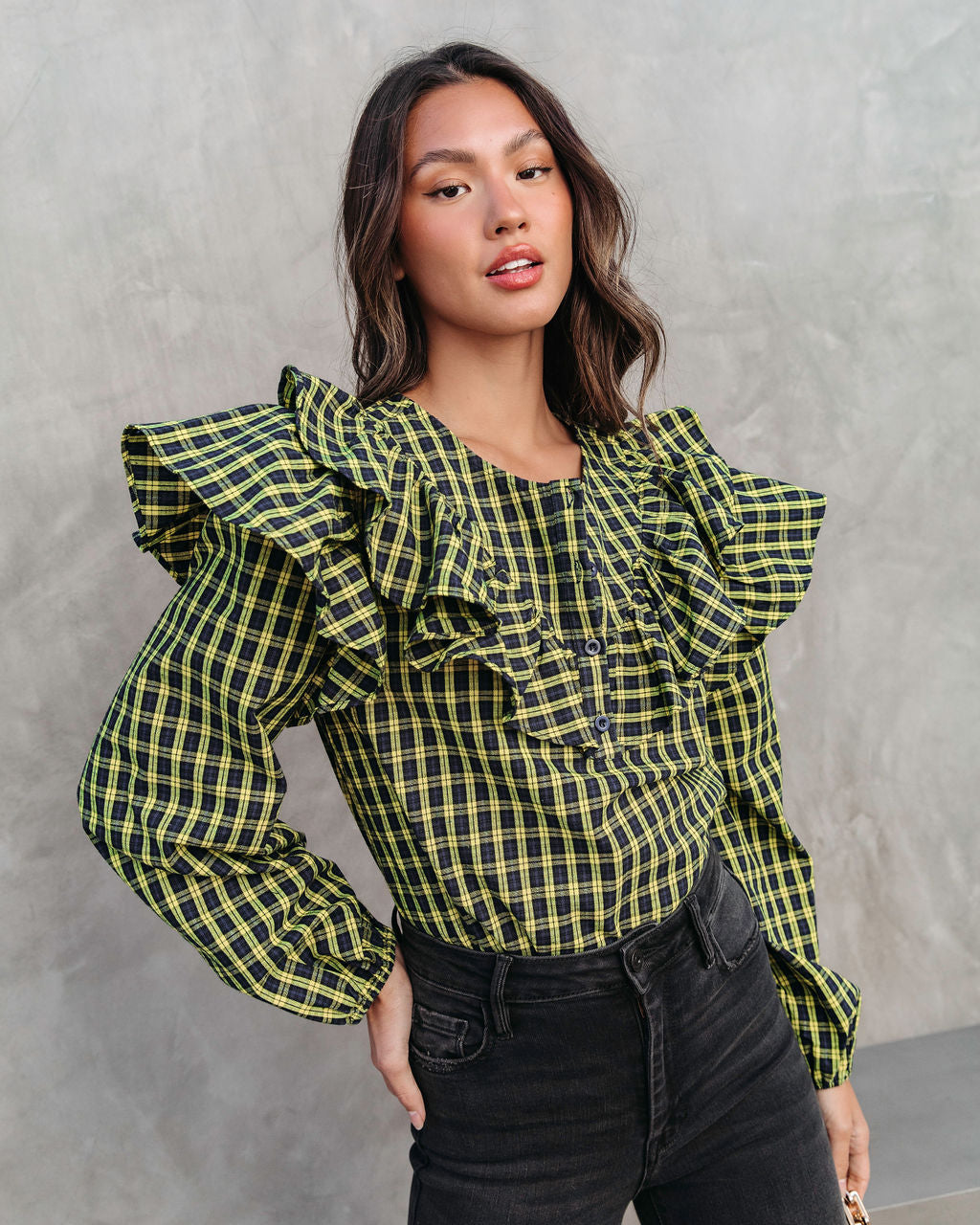Clara Plaid Ruffle Long Sleeve Top - Yellow