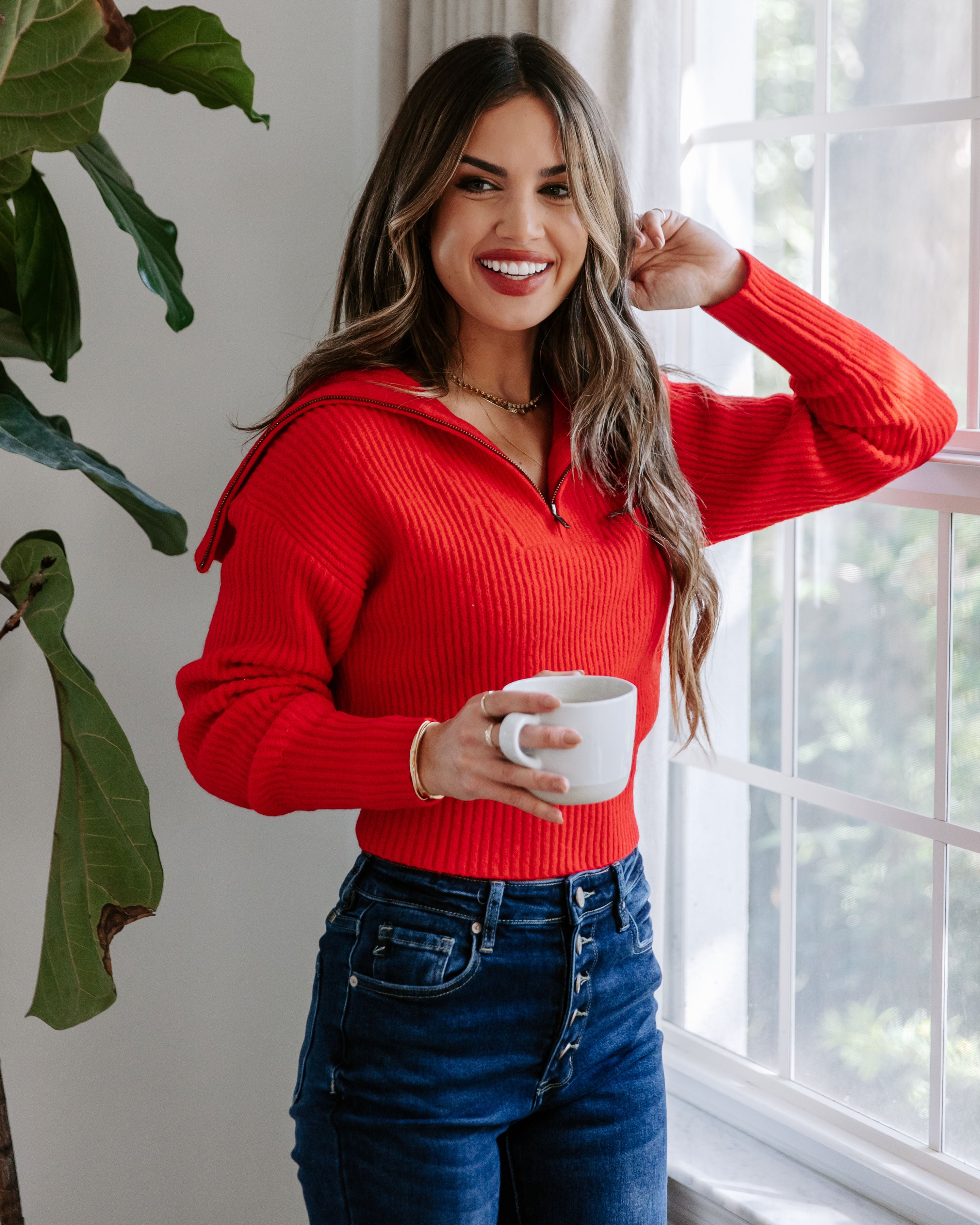 We Love It Half Zip Pullover Sweater - Red