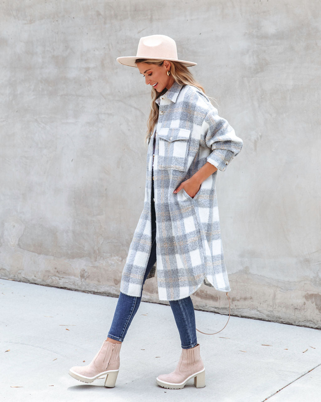 Coffee Shop Strolls Pocketed Plaid Button Down Coat - SALE