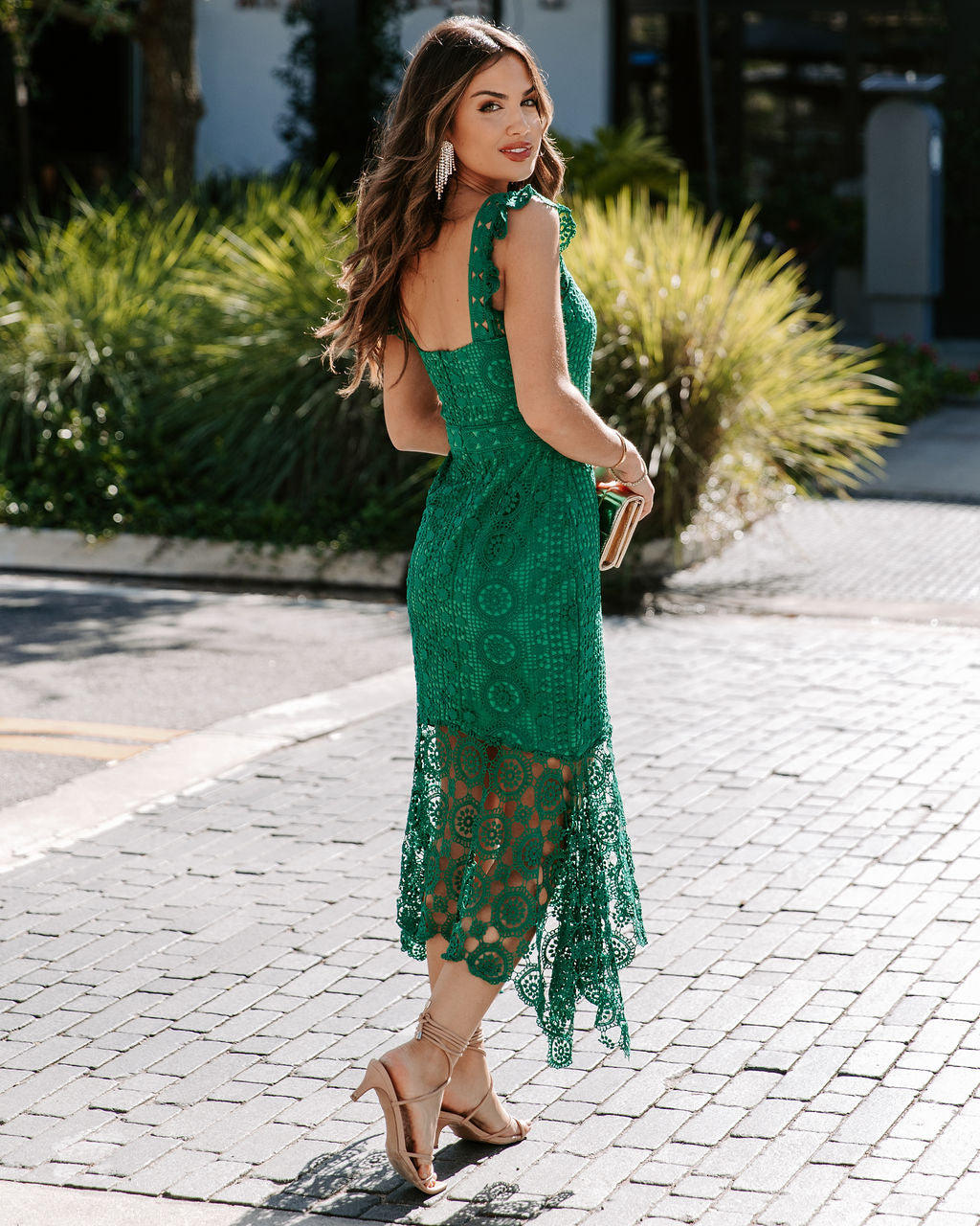 Dare To Be You Crochet Lace Ruffle Midi Dress - Emerald