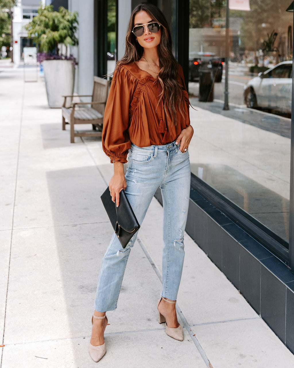 Arrow Ruffle Tassel Tie Top - Cinnamon - SALE