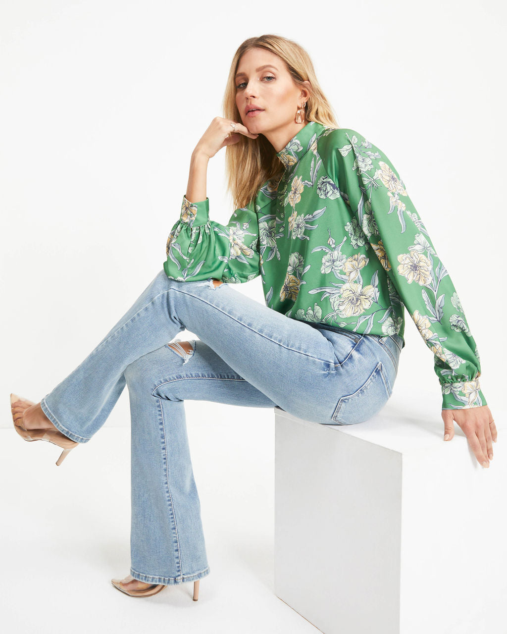 Peaceful Oasis Satin Floral Mock Neck Top