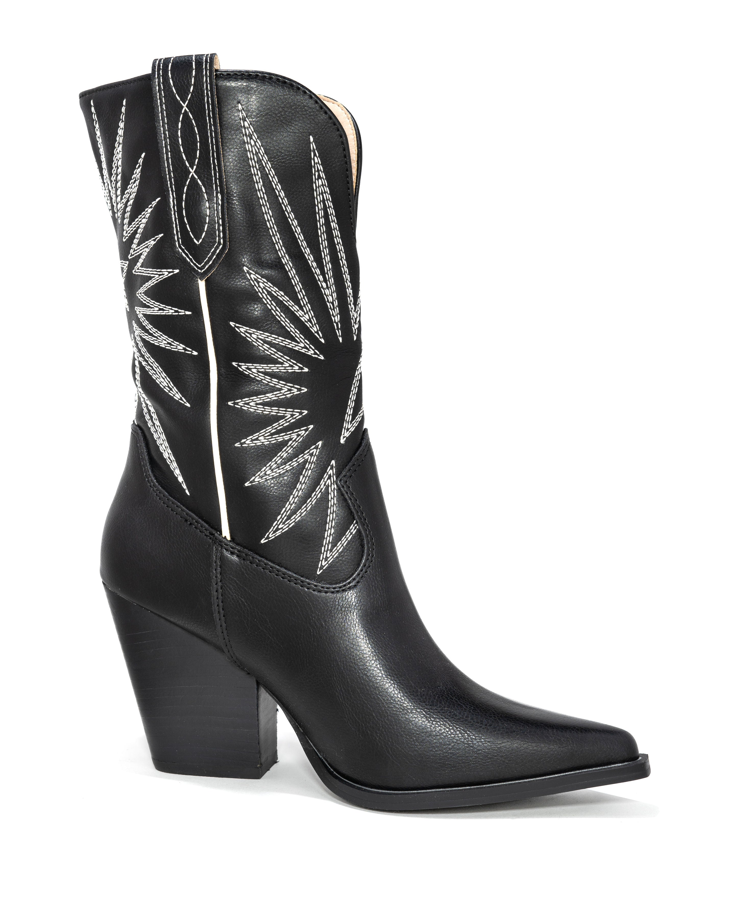 Liya Embroidered Heeled Western Boot - Black